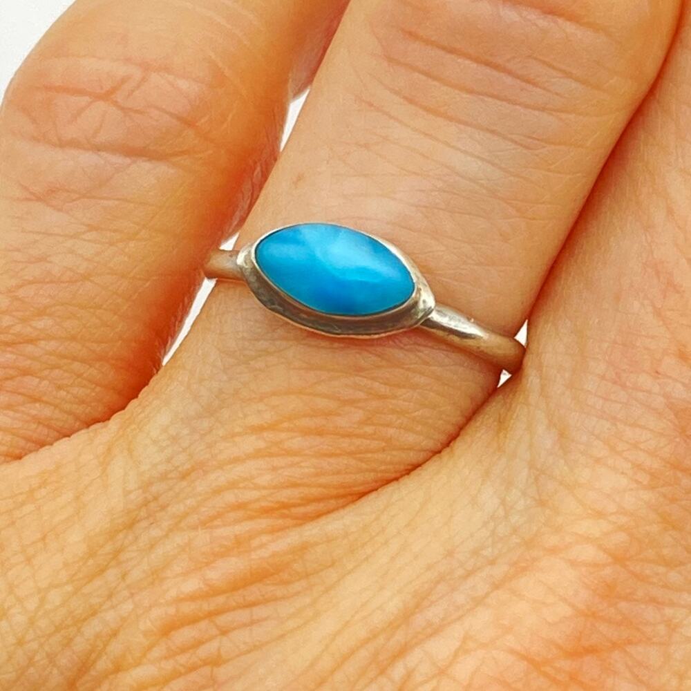 Signed Turquoise 925 Ring Native Sterling Silver Oval Marquis - Size 6 3/4"